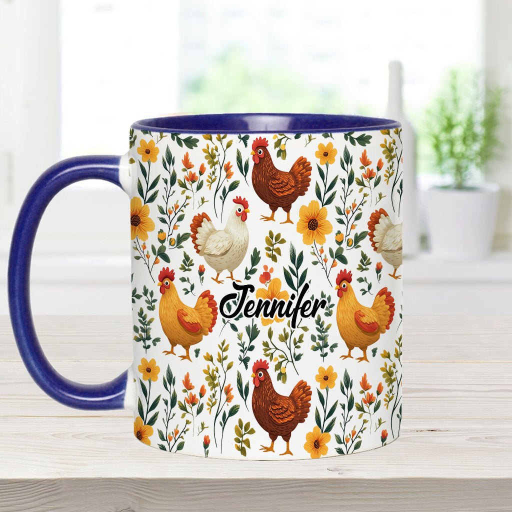 Niedliche Hühner mit Blumenmuster – personalisierte Tasse mit Hühnermotiv