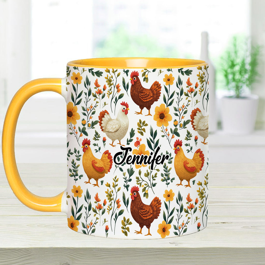 Niedliche Hühner mit Blumenmuster – personalisierte Tasse mit Hühnermotiv