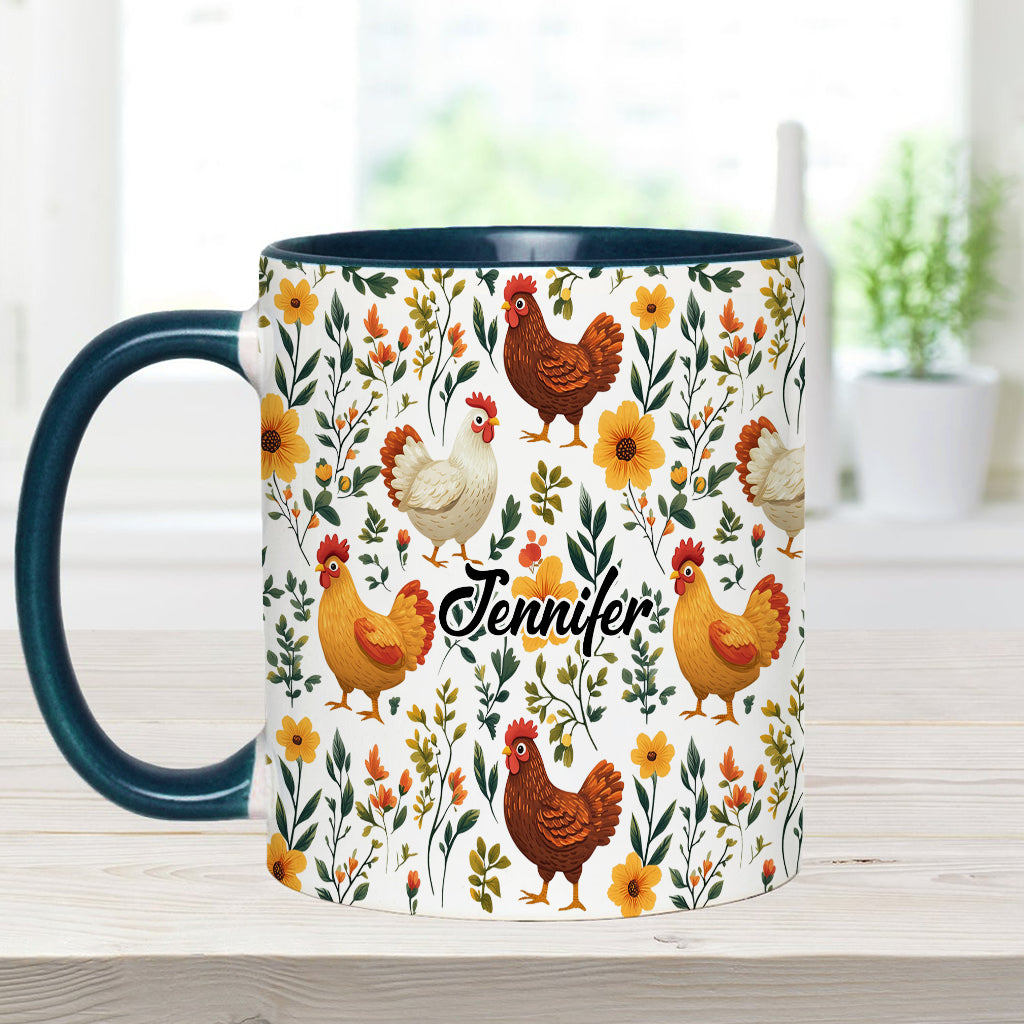 Niedliche Hühner mit Blumenmuster – personalisierte Tasse mit Hühnermotiv