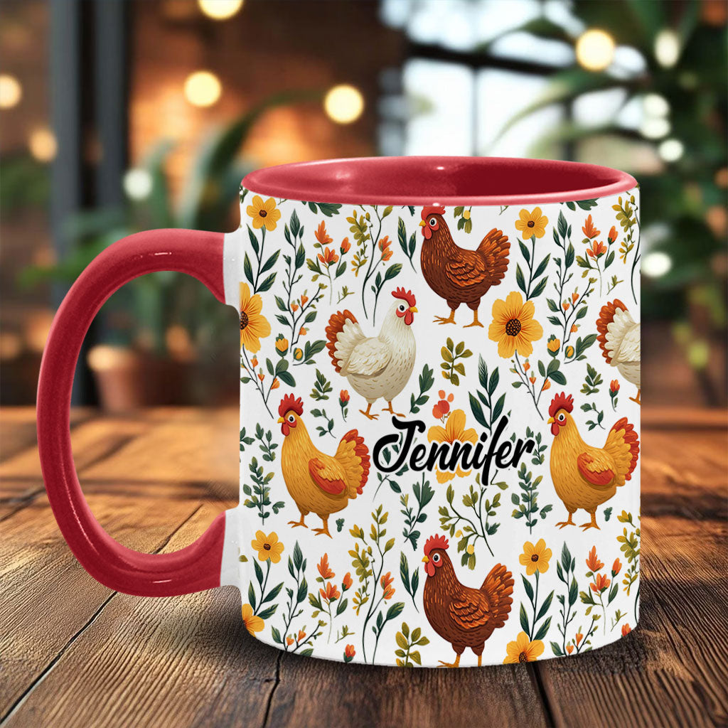Niedliche Hühner mit Blumenmuster – personalisierte Tasse mit Hühnermotiv