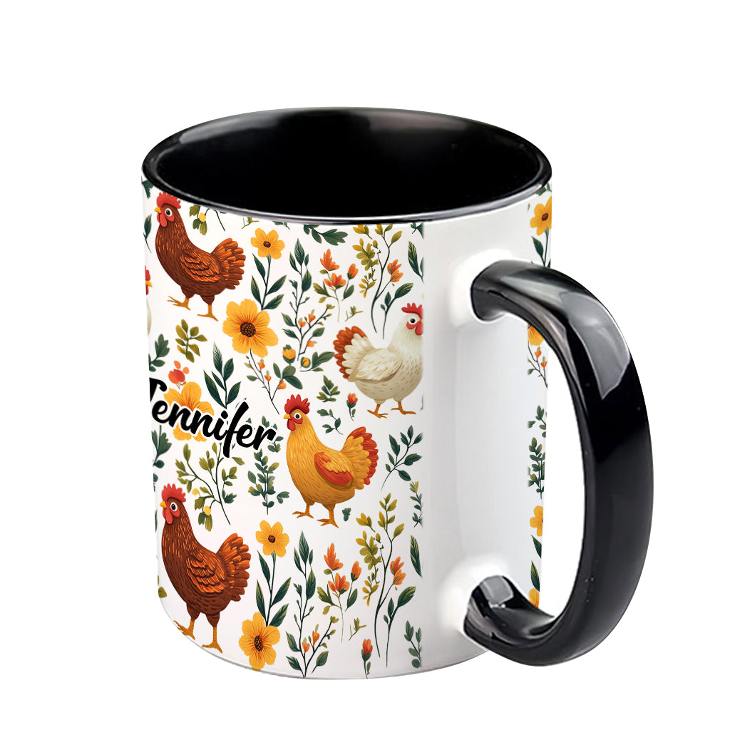 Niedliche Hühner mit Blumenmuster – personalisierte Tasse mit Hühnermotiv