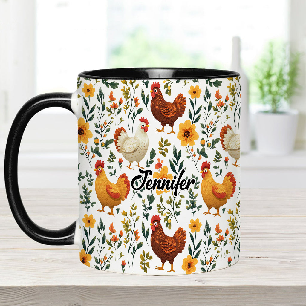 Niedliche Hühner mit Blumenmuster – personalisierte Tasse mit Hühnermotiv