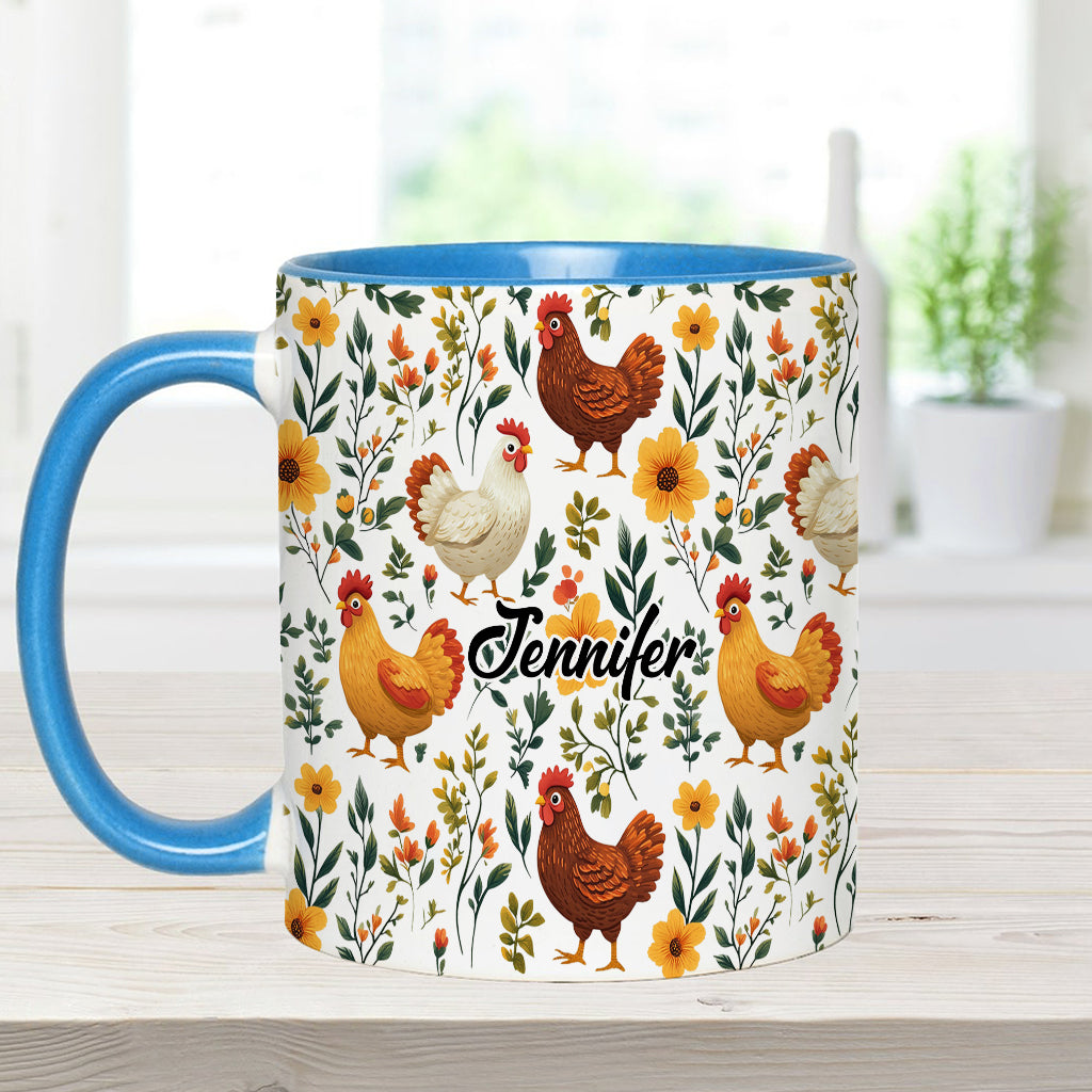 Niedliche Hühner mit Blumenmuster – personalisierte Tasse mit Hühnermotiv