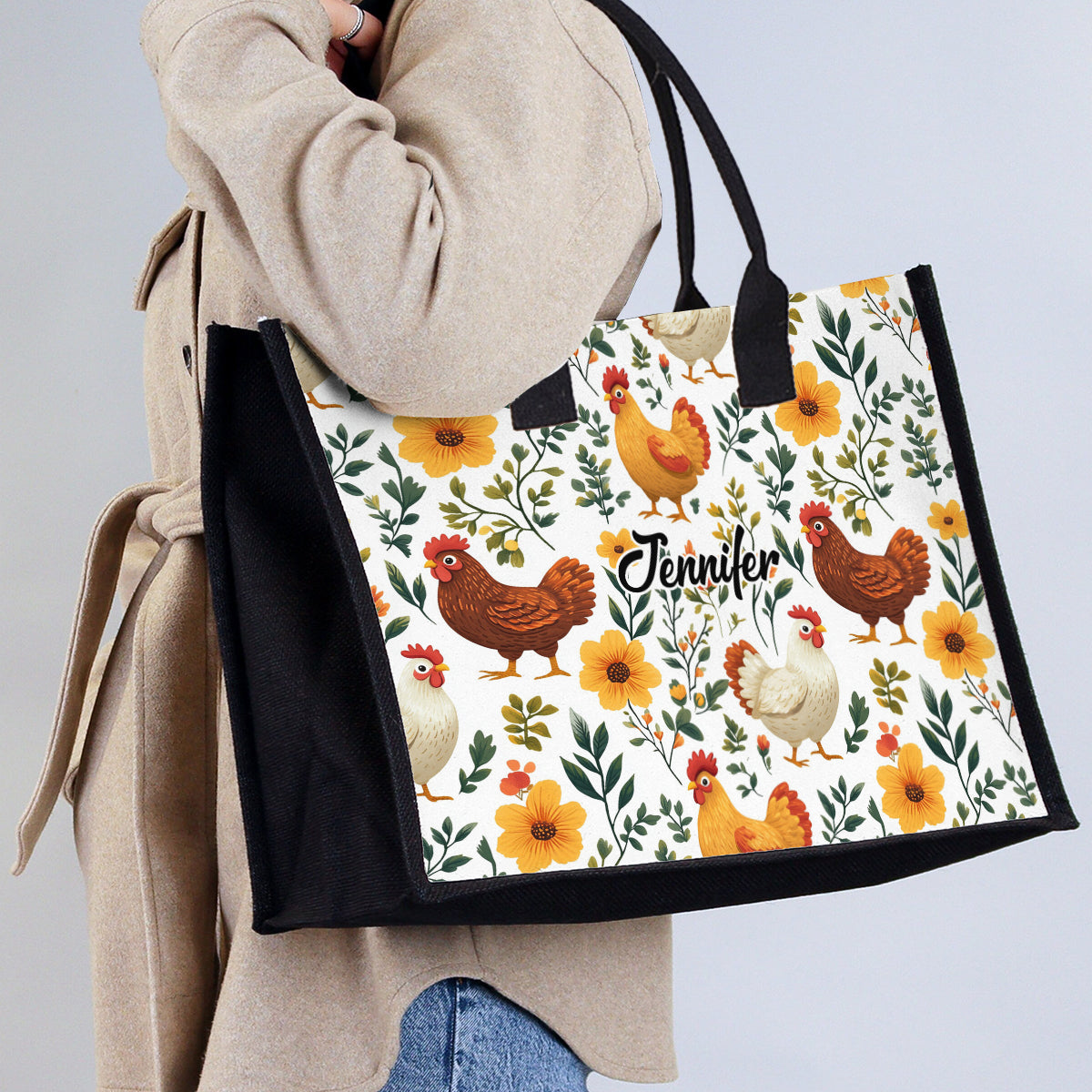 Niedliche Hühner mit Blumenmuster – Personalisierte Tragetasche aus Canvas mit Hühnermotiv