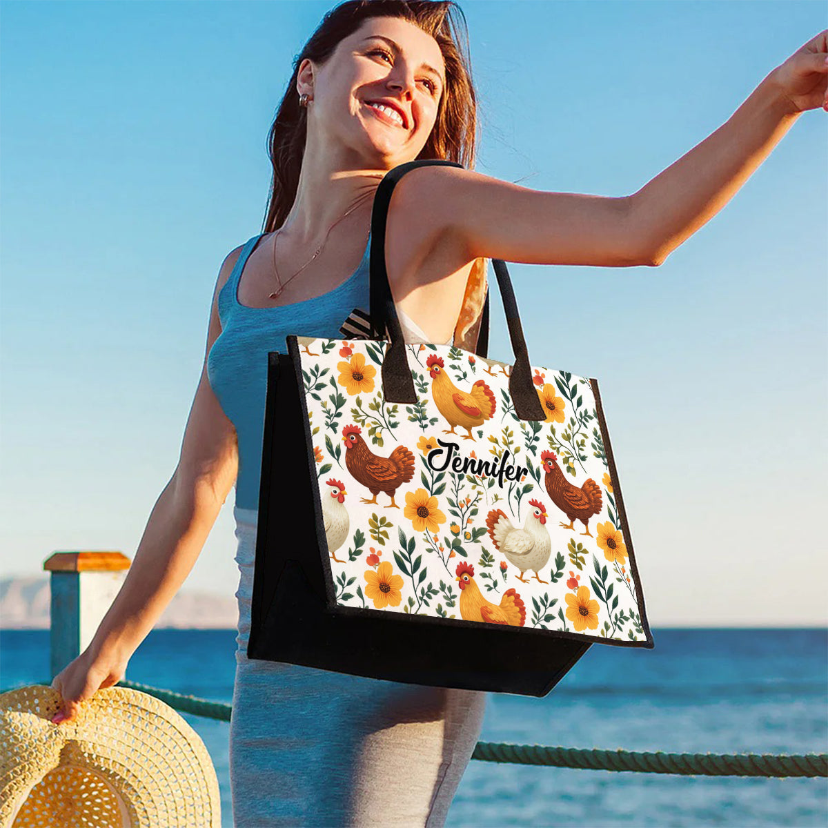Niedliche Hühner mit Blumenmuster – Personalisierte Tragetasche aus Canvas mit Hühnermotiv