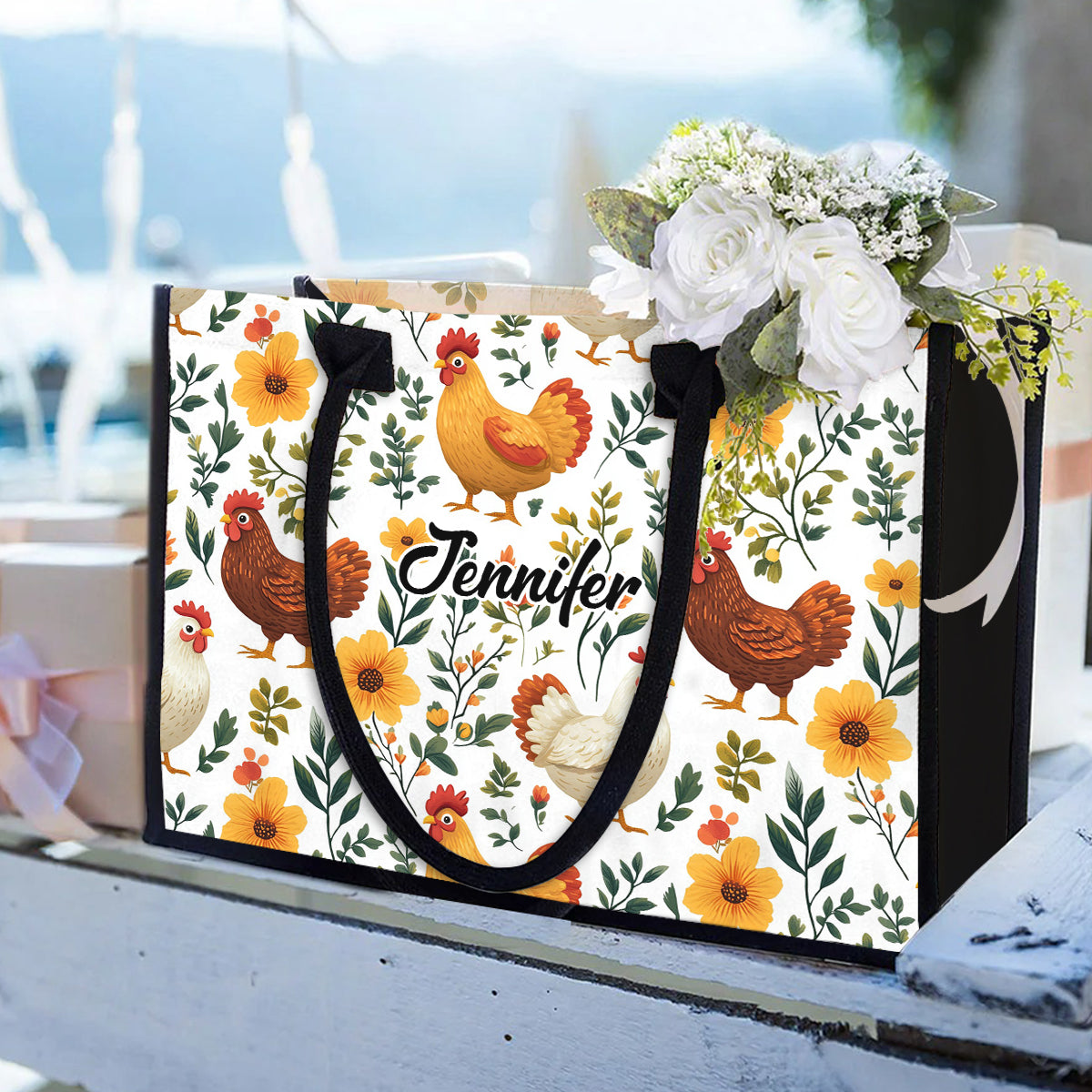 Niedliche Hühner mit Blumenmuster – Personalisierte Tragetasche aus Canvas mit Hühnermotiv