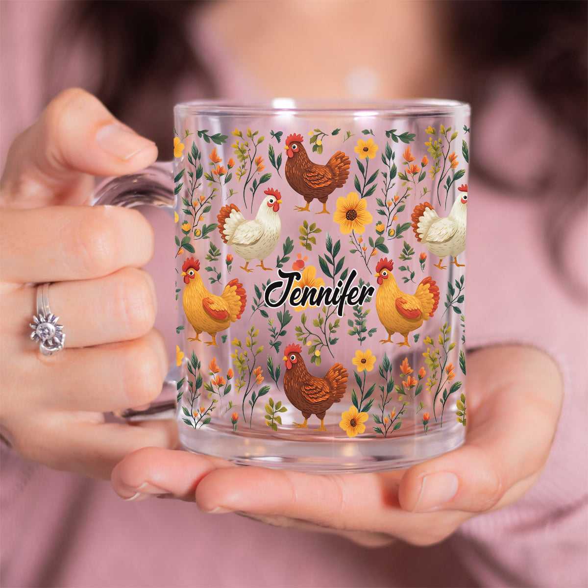 Cute Floral Chickens - Personalized Chicken Glass Mug