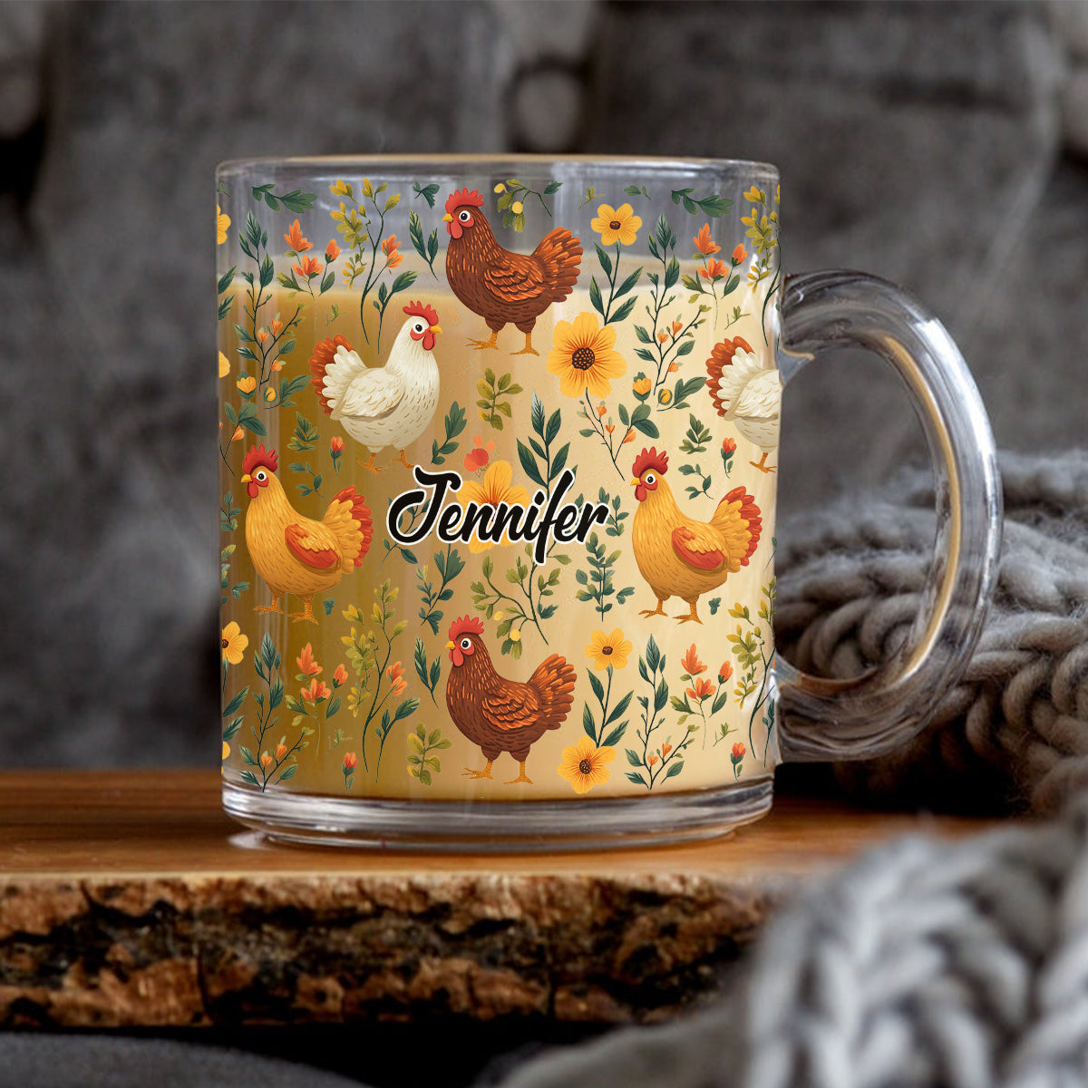 Cute Floral Chickens - Personalized Chicken Glass Mug