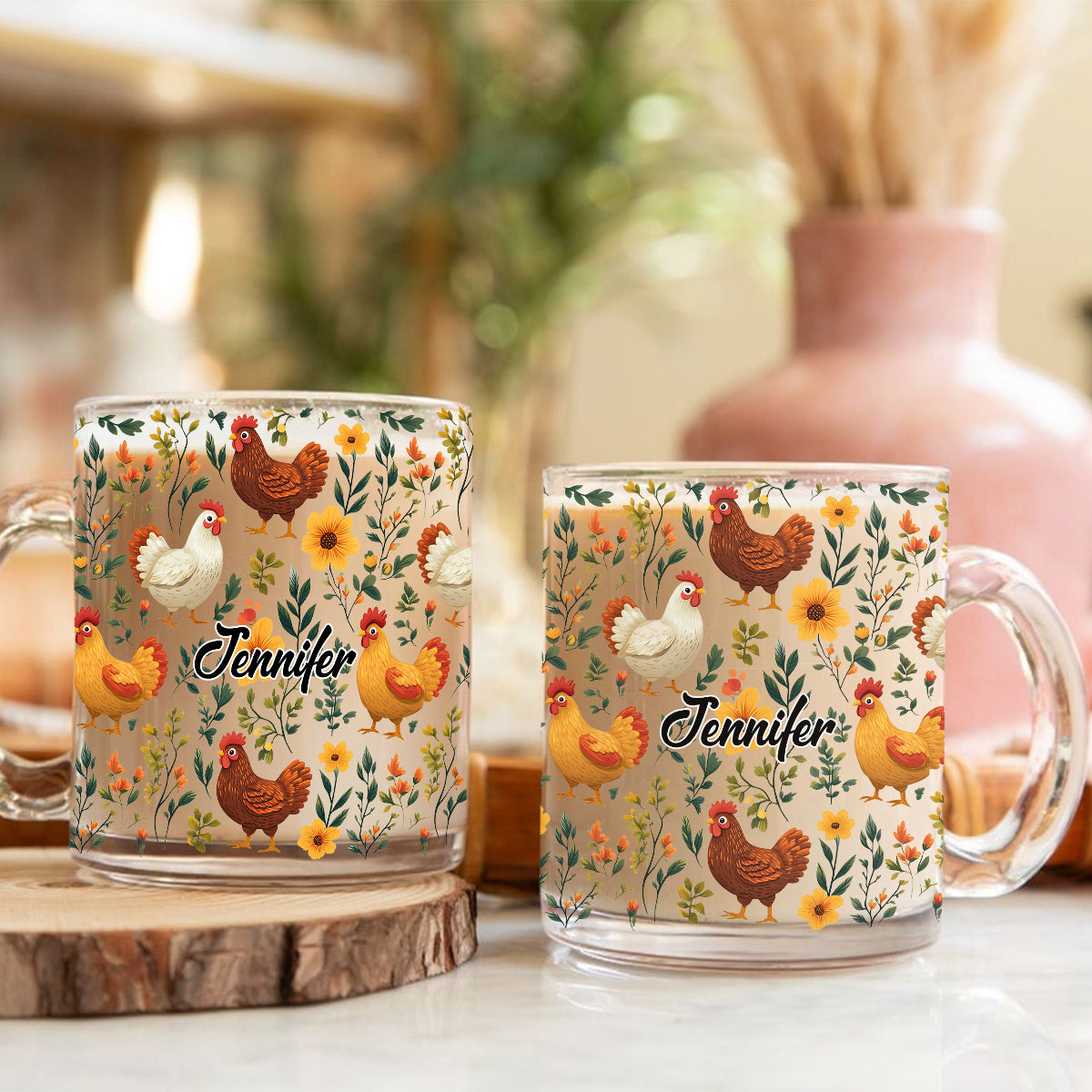 Cute Floral Chickens - Personalized Chicken Glass Mug