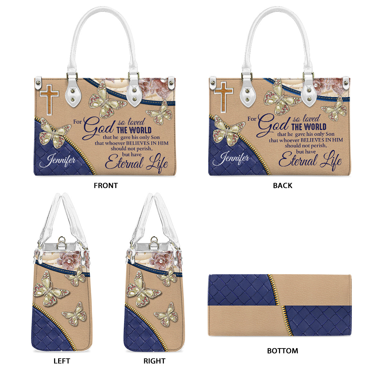 Denn so sehr hat Gott die Welt geliebt – personalisierte Schmetterlings-Lederhandtasche