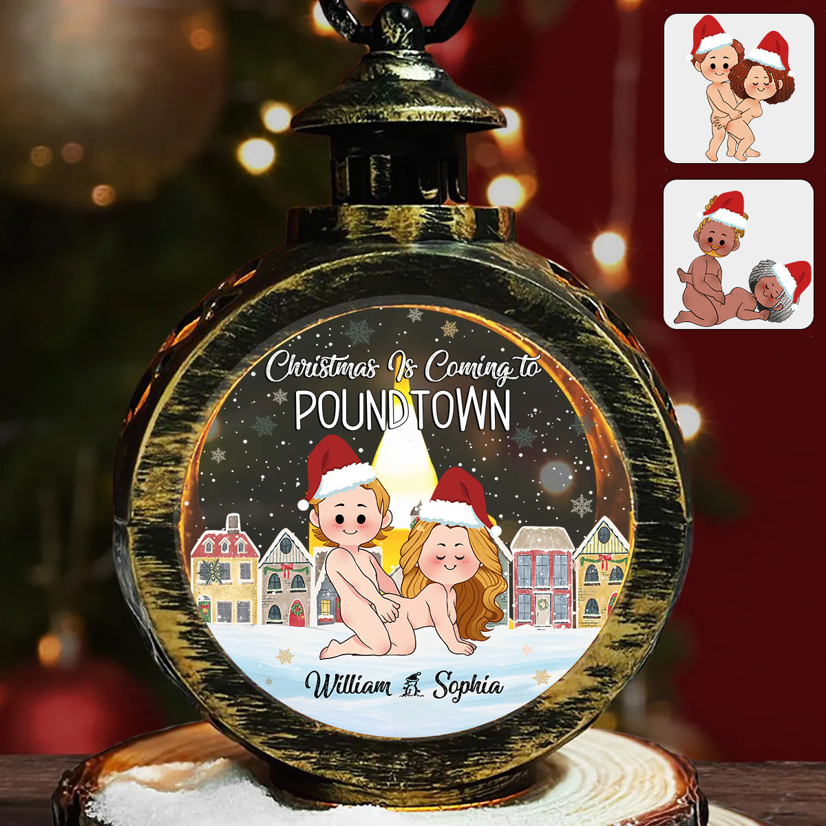 Weihnachten naht in Poundtown – Personalisierte runde Laterne für Paare mit Licht