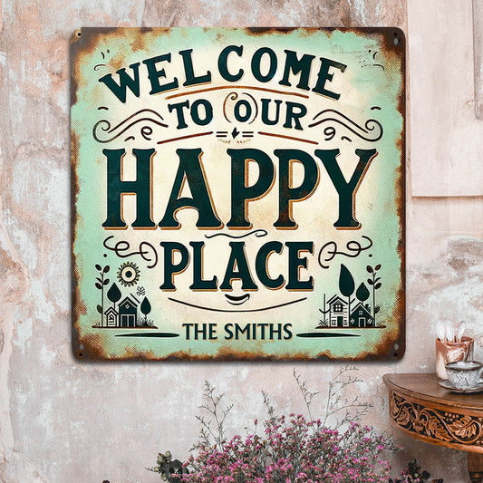 Happy Place - Personalized Family Cut Metal Sign