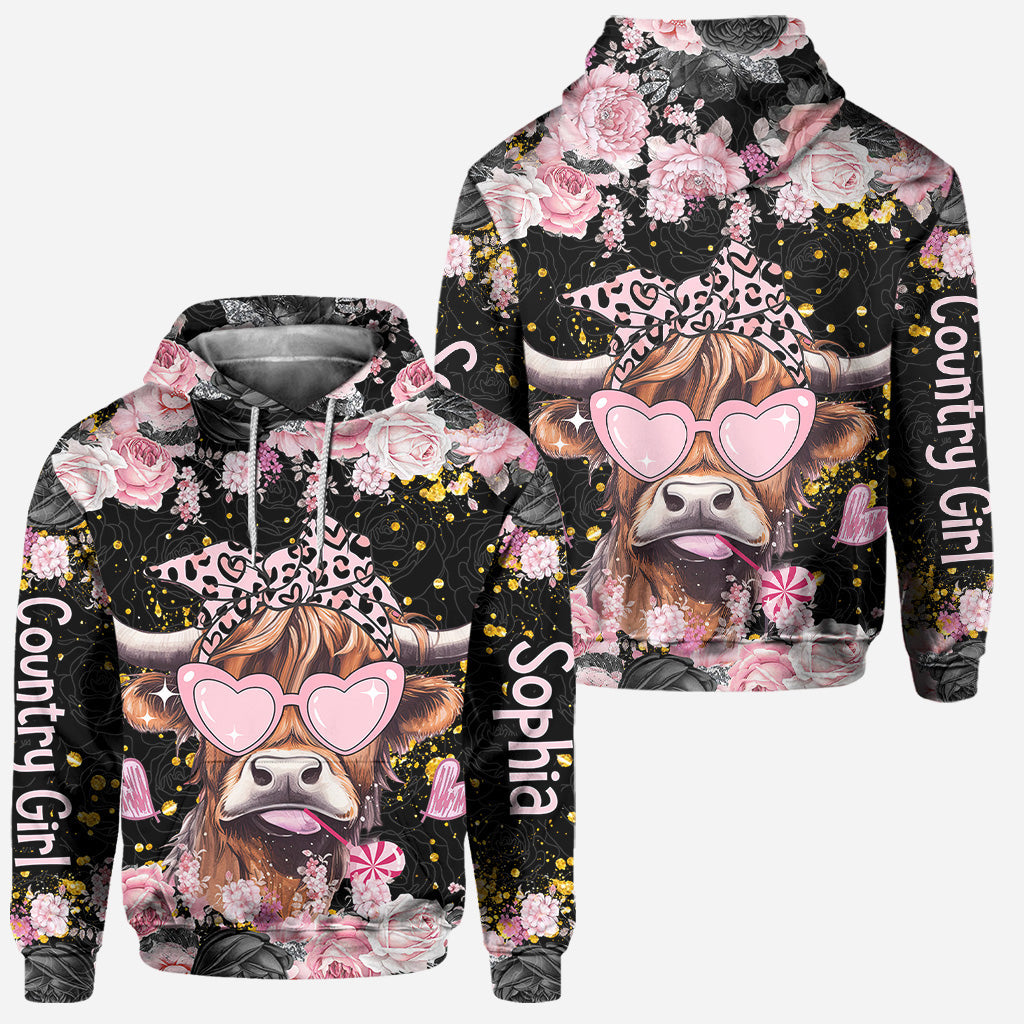 Schwarz und Rosa – Personalisierter Hoodie und Leggings mit Hochlandrind-Motiv