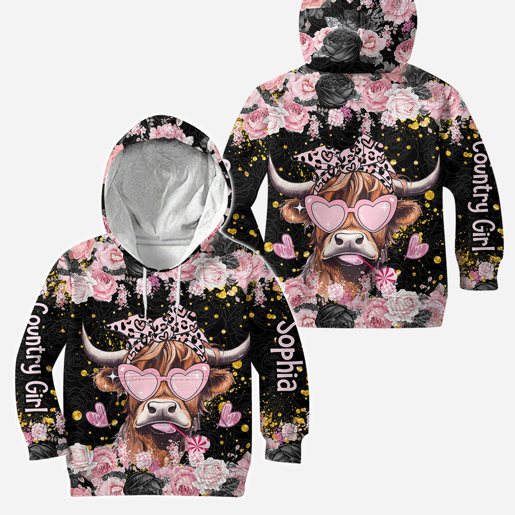 Schwarz und Rosa – Personalisierter Hoodie und Leggings mit Hochlandrind-Motiv