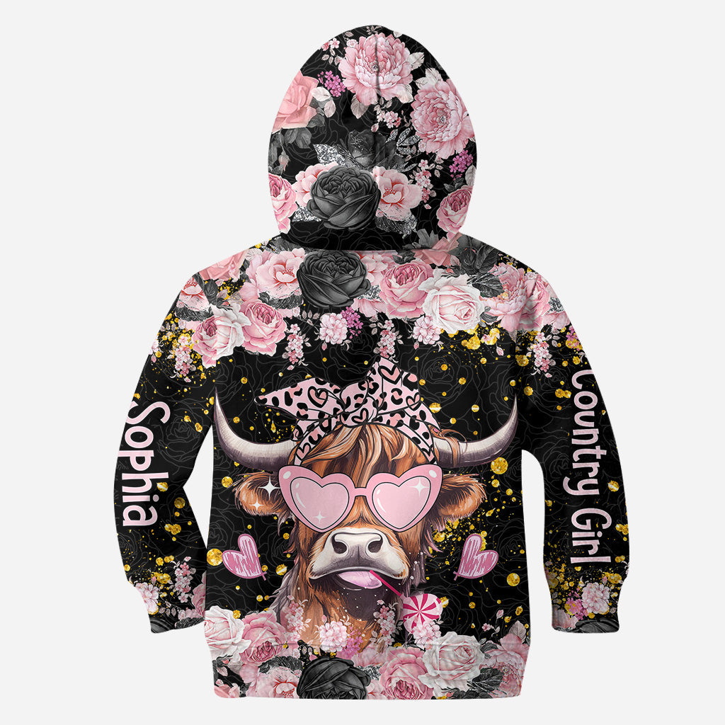 Schwarz und Rosa – Personalisierter Hoodie und Leggings mit Hochlandrind-Motiv