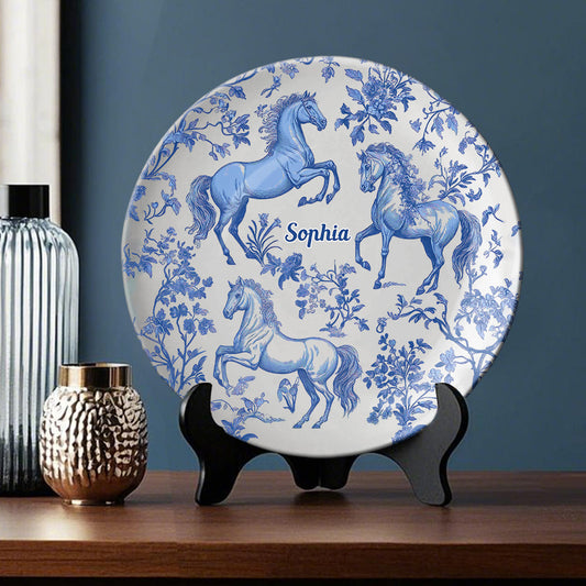 Pferd Blau & Weiß Toile de Jouy - Personalisierter runder Keramikteller mit Pferdemotiv