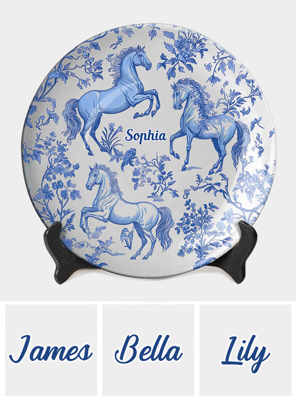 Pferd Blau & Weiß Toile de Jouy - Personalisierter runder Keramikteller mit Pferdemotiv