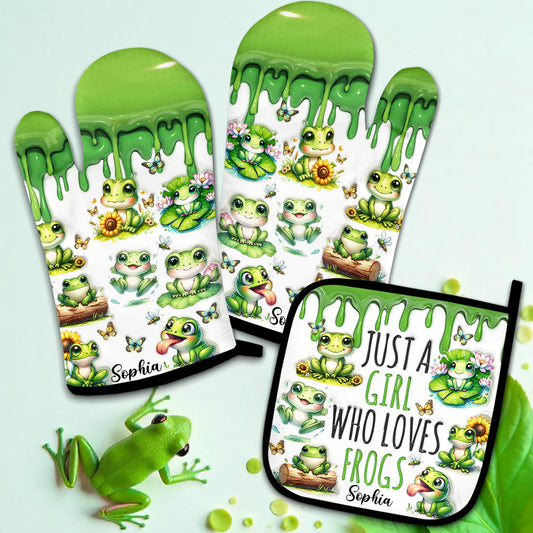 Einfach ein Mädchen, das Frösche liebt – Personalisiertes Frosch-Topflappen- und Topflappen-Set