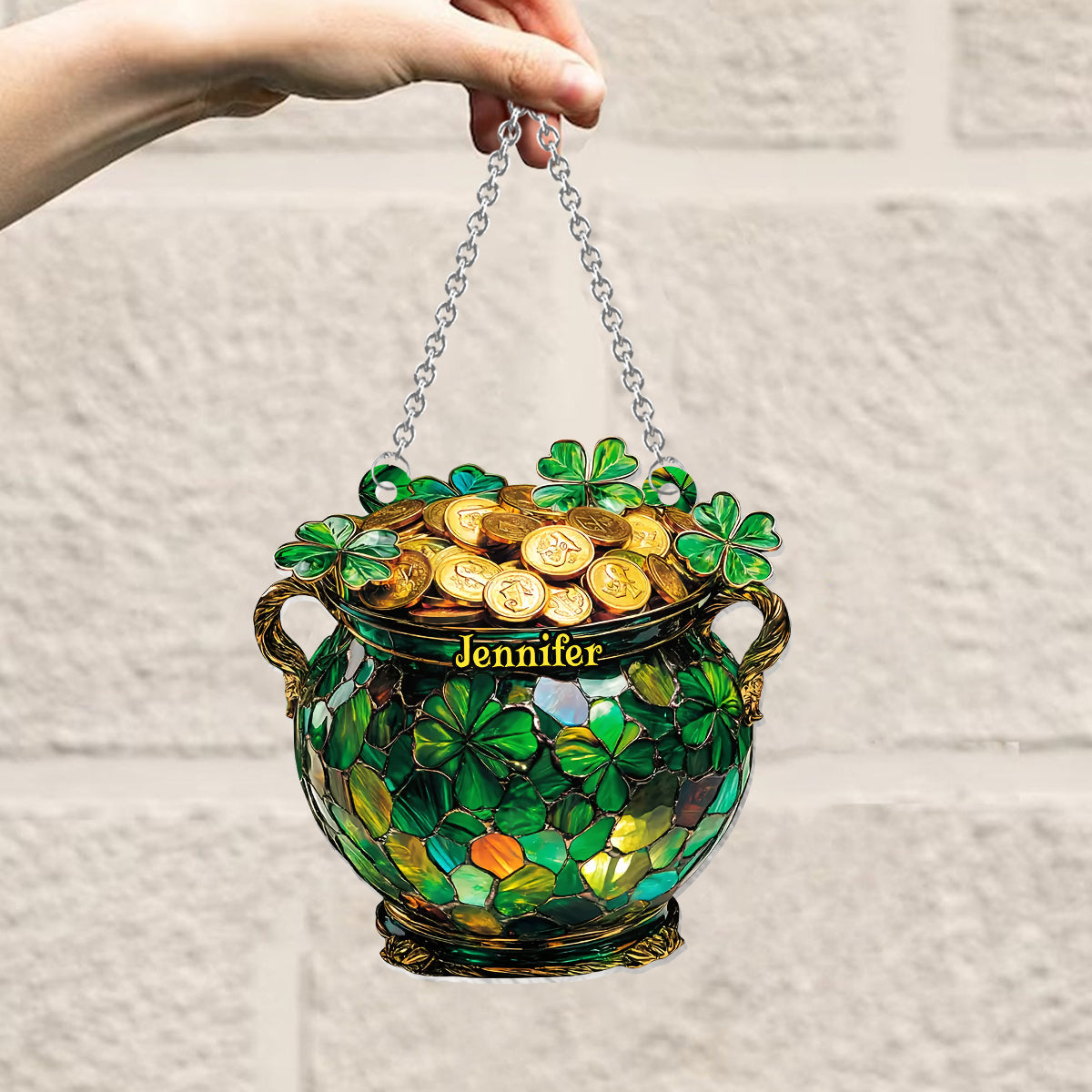 Pot Of Gold Shamrock - Personalized Saint Patrick's Day Window Hanging Suncatcher Ornament