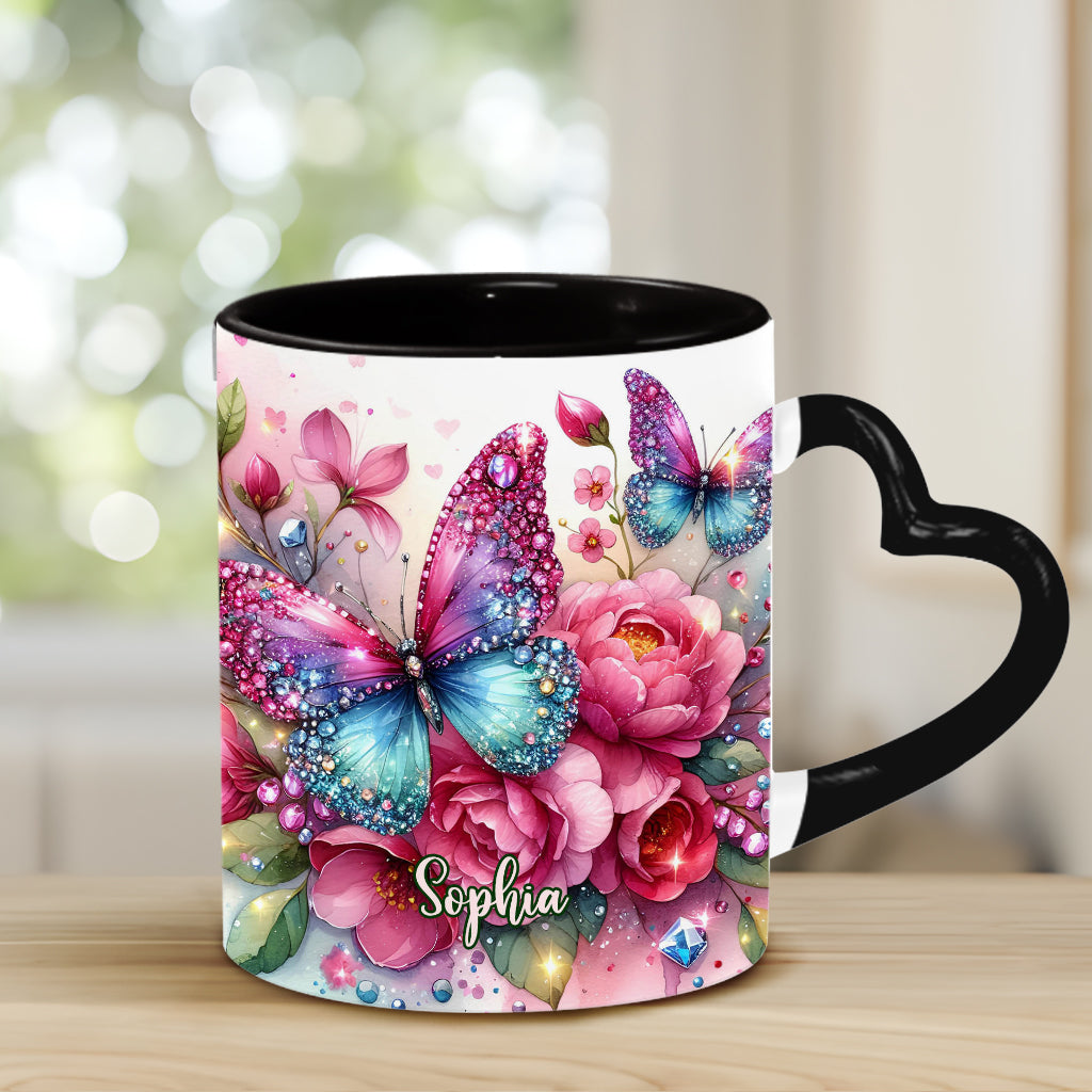 Glitzernder Schmetterling – Personalisierte Tasse mit Schmetterlingsherzgriff
