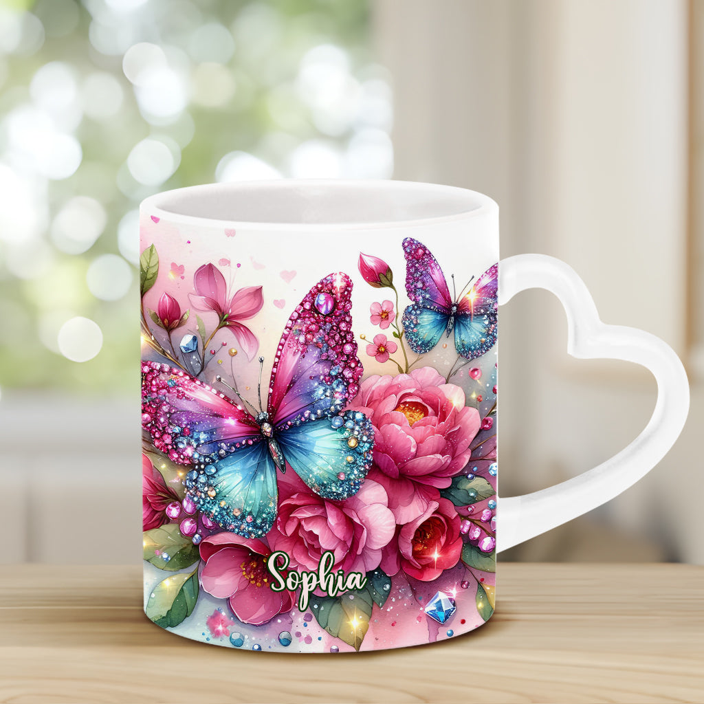 Glitzernder Schmetterling – Personalisierte Tasse mit Schmetterlingsherzgriff
