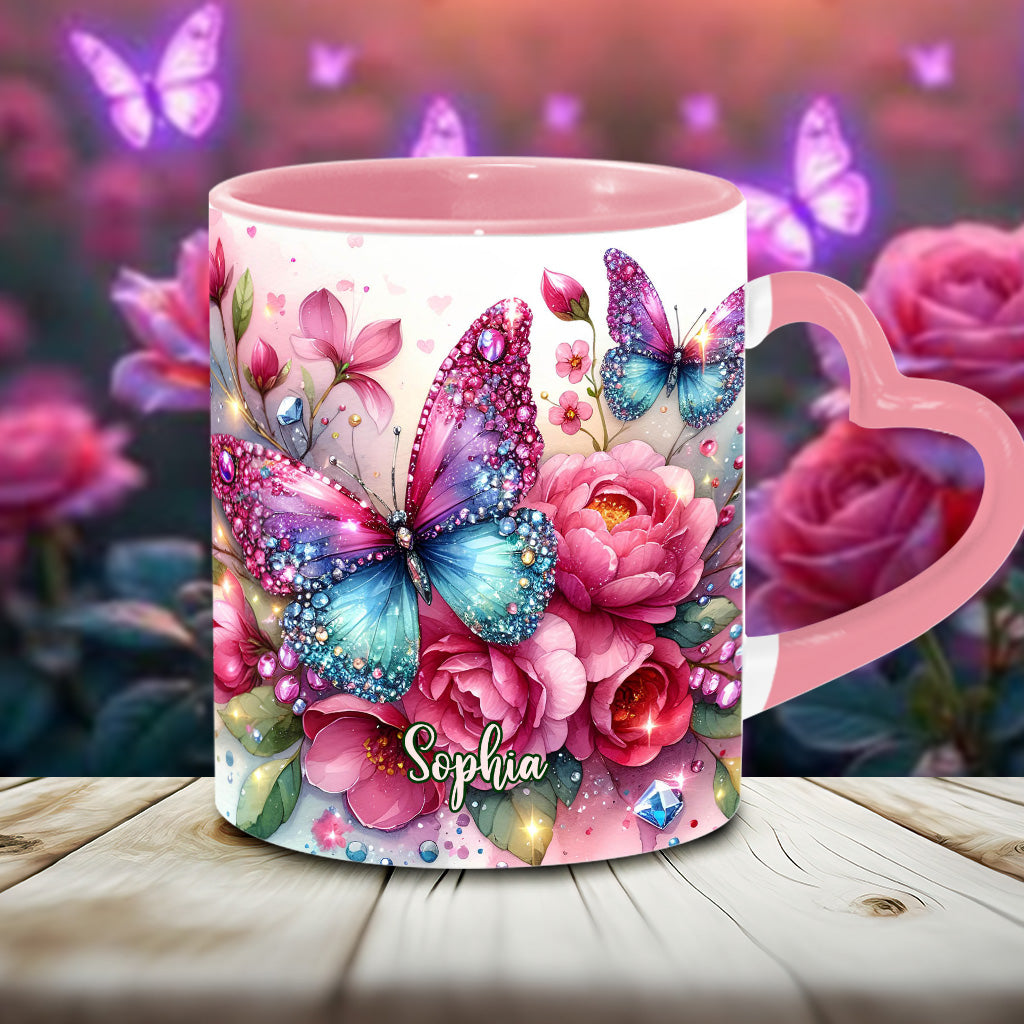 Glitzernder Schmetterling – Personalisierte Tasse mit Schmetterlingsherzgriff