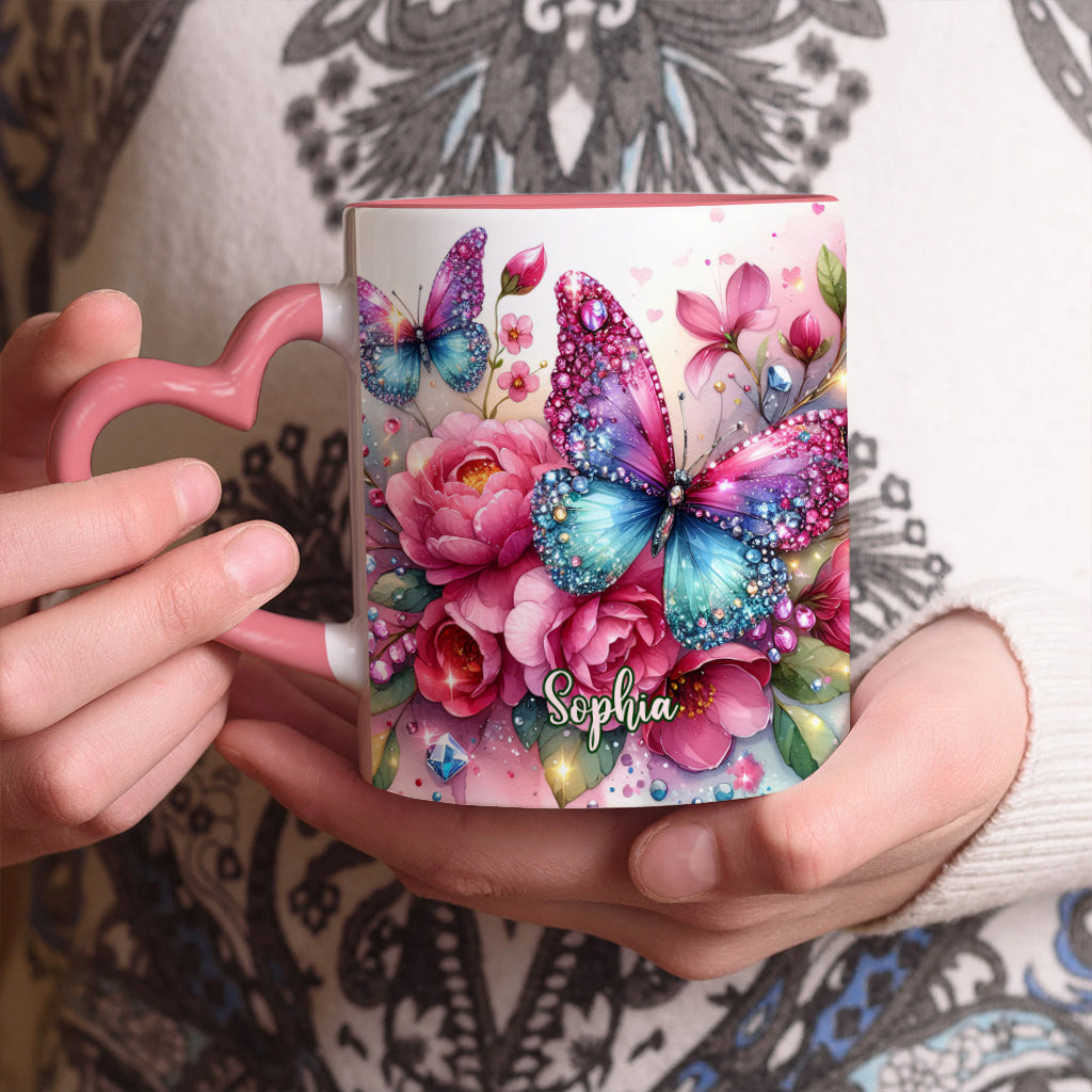 Glitzernder Schmetterling – Personalisierte Tasse mit Schmetterlingsherzgriff