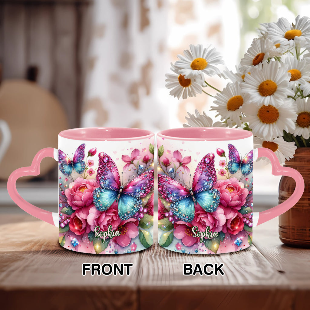 Glitzernder Schmetterling – Personalisierte Tasse mit Schmetterlingsherzgriff