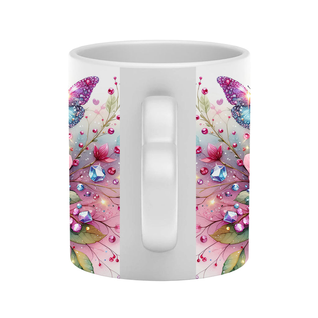 Glitzernder Schmetterling – Personalisierte Tasse mit Schmetterlingsherzgriff