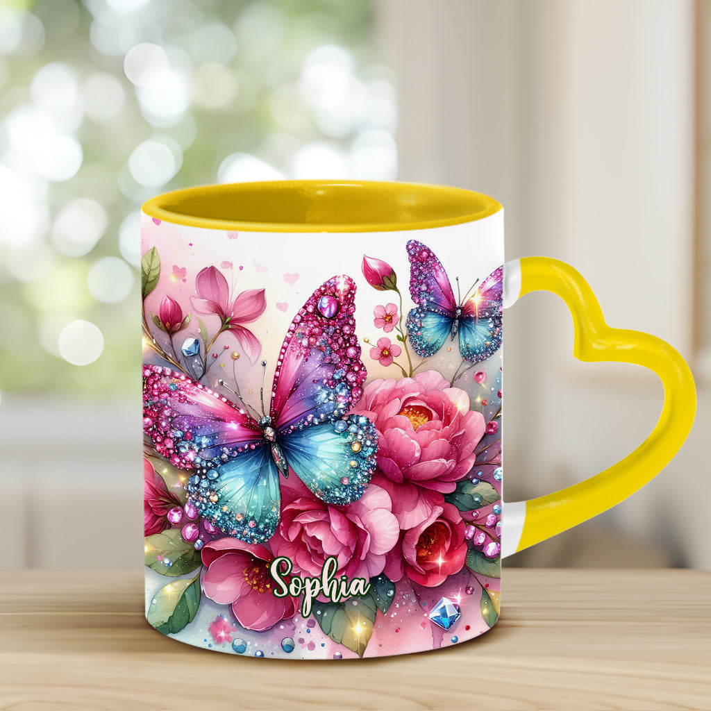 Glitzernder Schmetterling – Personalisierte Tasse mit Schmetterlingsherzgriff