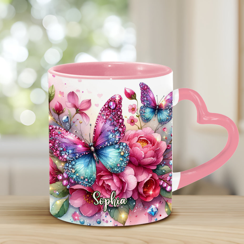 Glitzernder Schmetterling – Personalisierte Tasse mit Schmetterlingsherzgriff