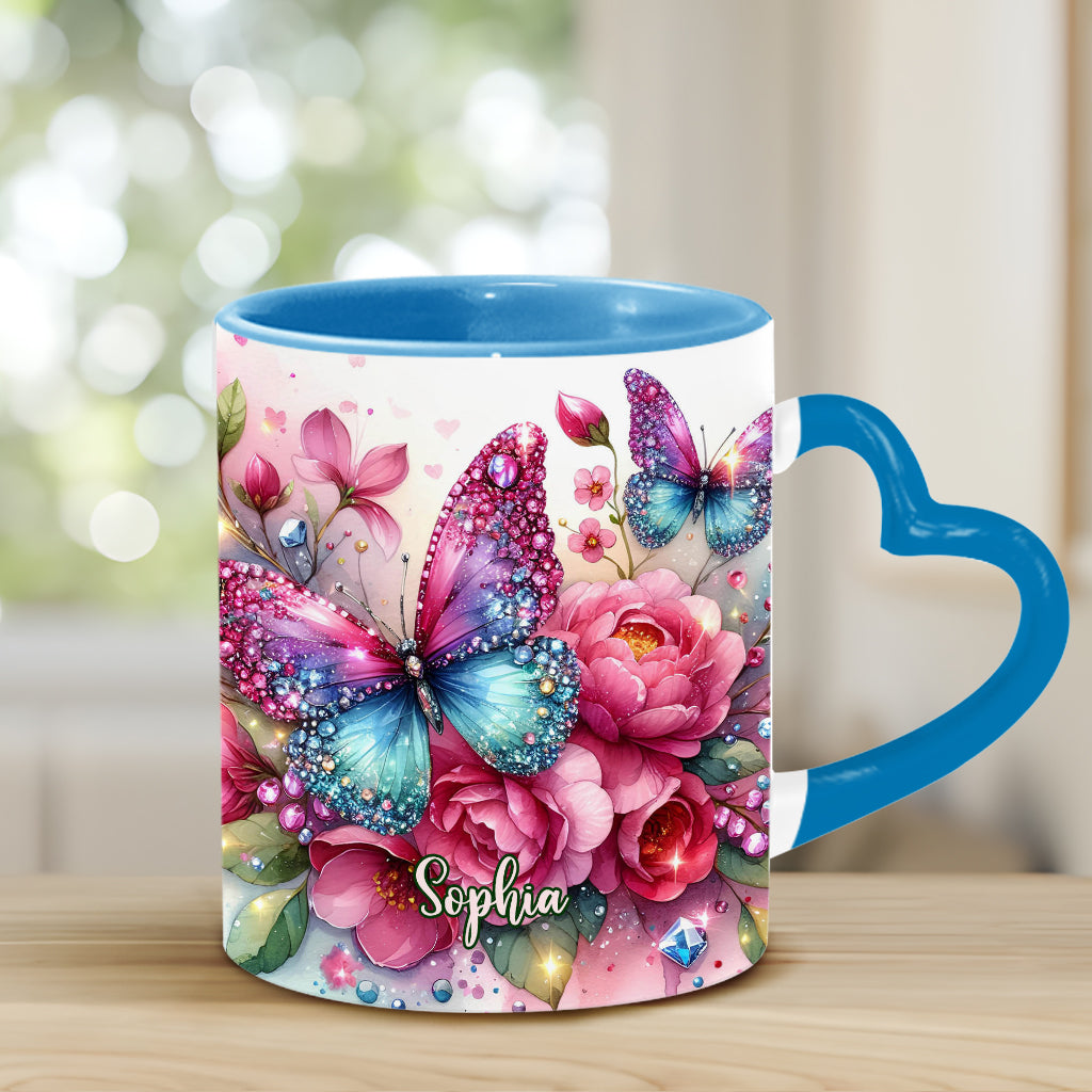 Glitzernder Schmetterling – Personalisierte Tasse mit Schmetterlingsherzgriff
