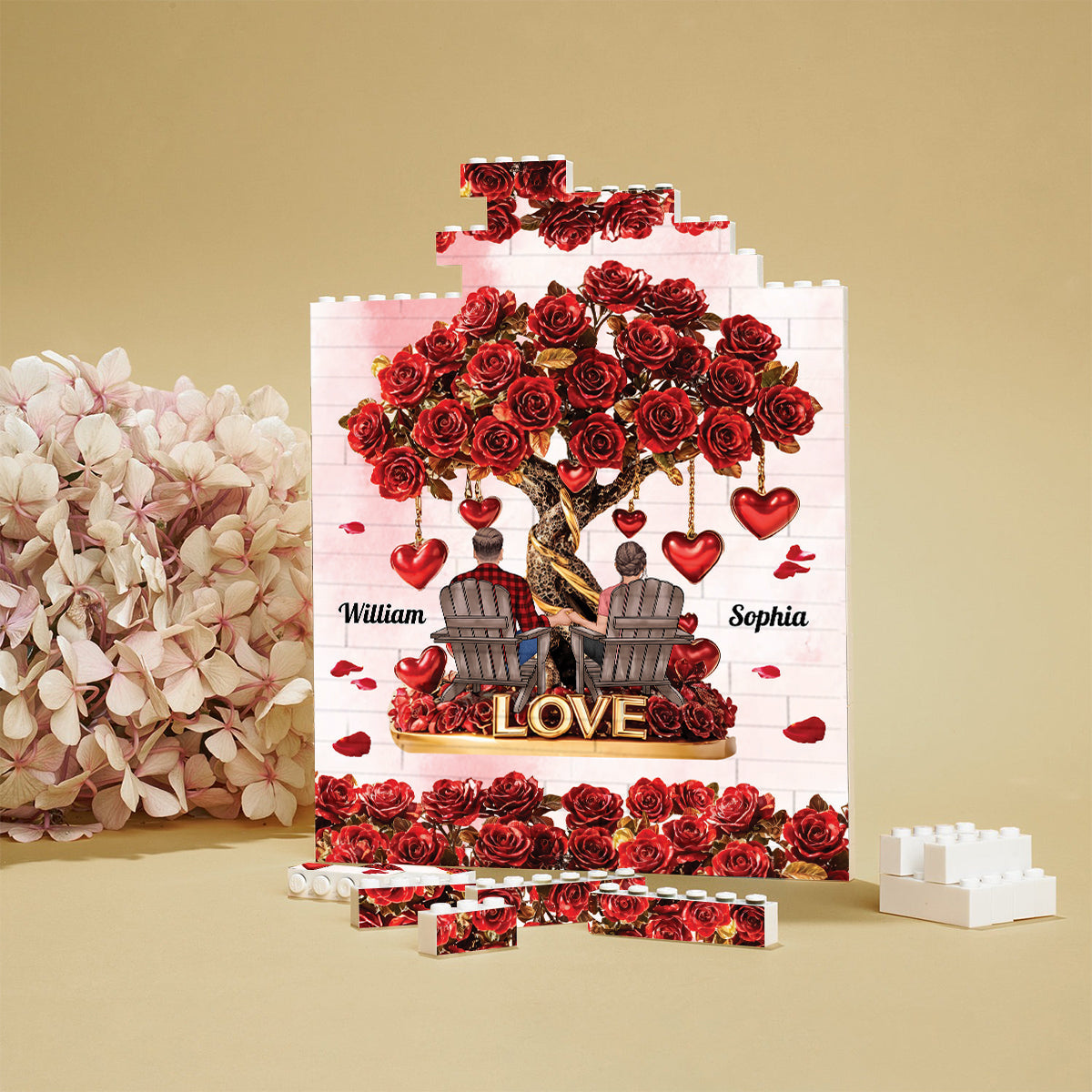Baum der Liebe – Personalisierte, einseitige, vertikale, rechteckige Bausteine ​​für Paare
