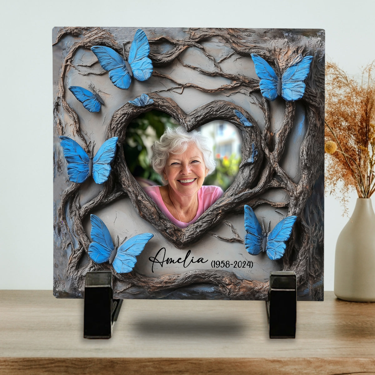 In Loving Memory Blue Butterfly - Personalized Memorial Square Shaped Stone