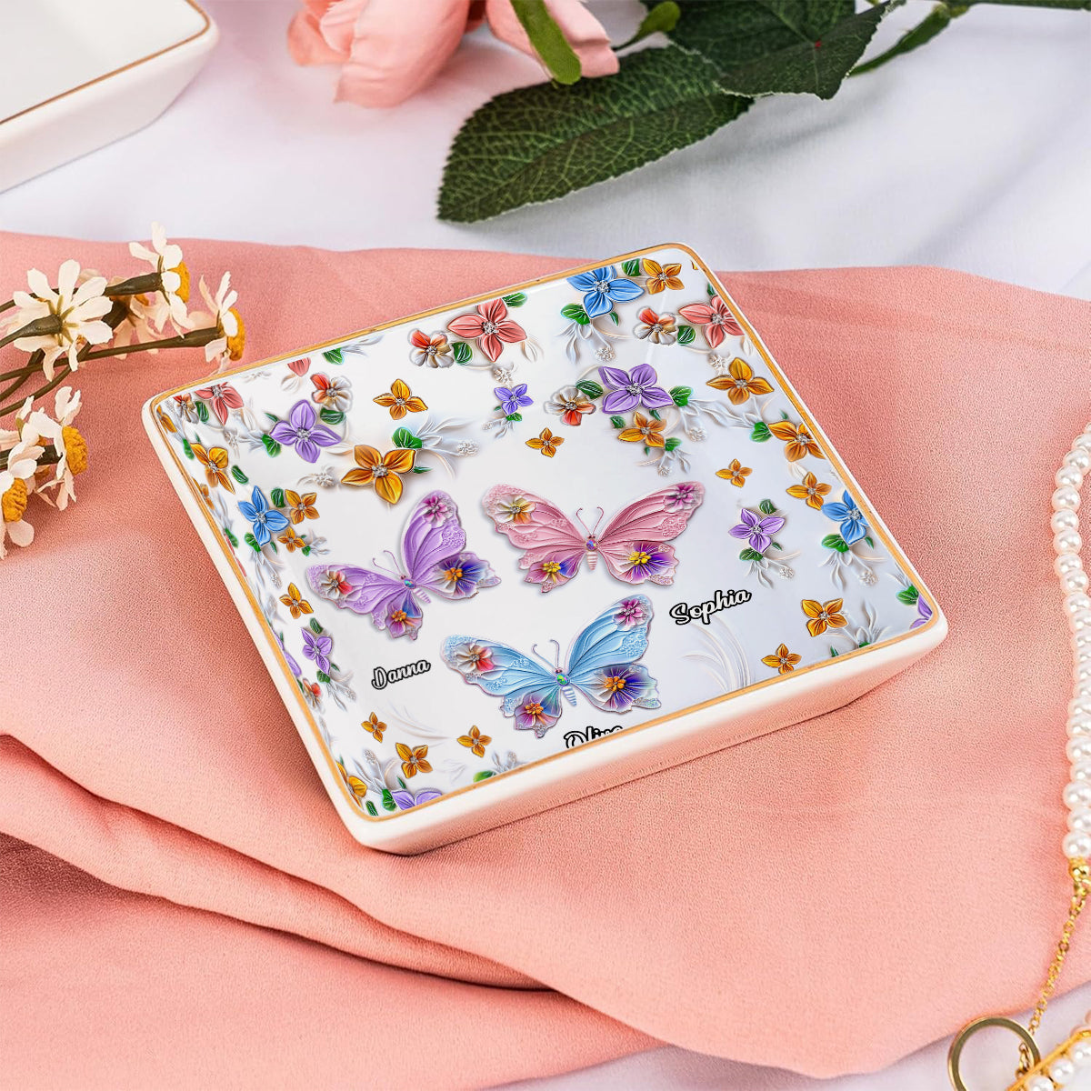 Bestie Floral Butterflies - Personalized Bestie Fully Printed Jewelry Dish