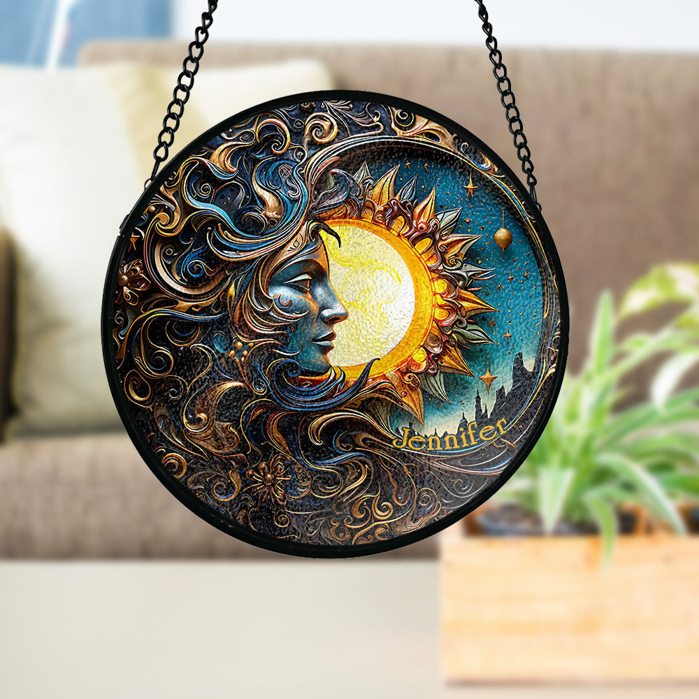 Live By The Sun Love By The Moon - Personalized Hippie Stained Glass Suncatcher