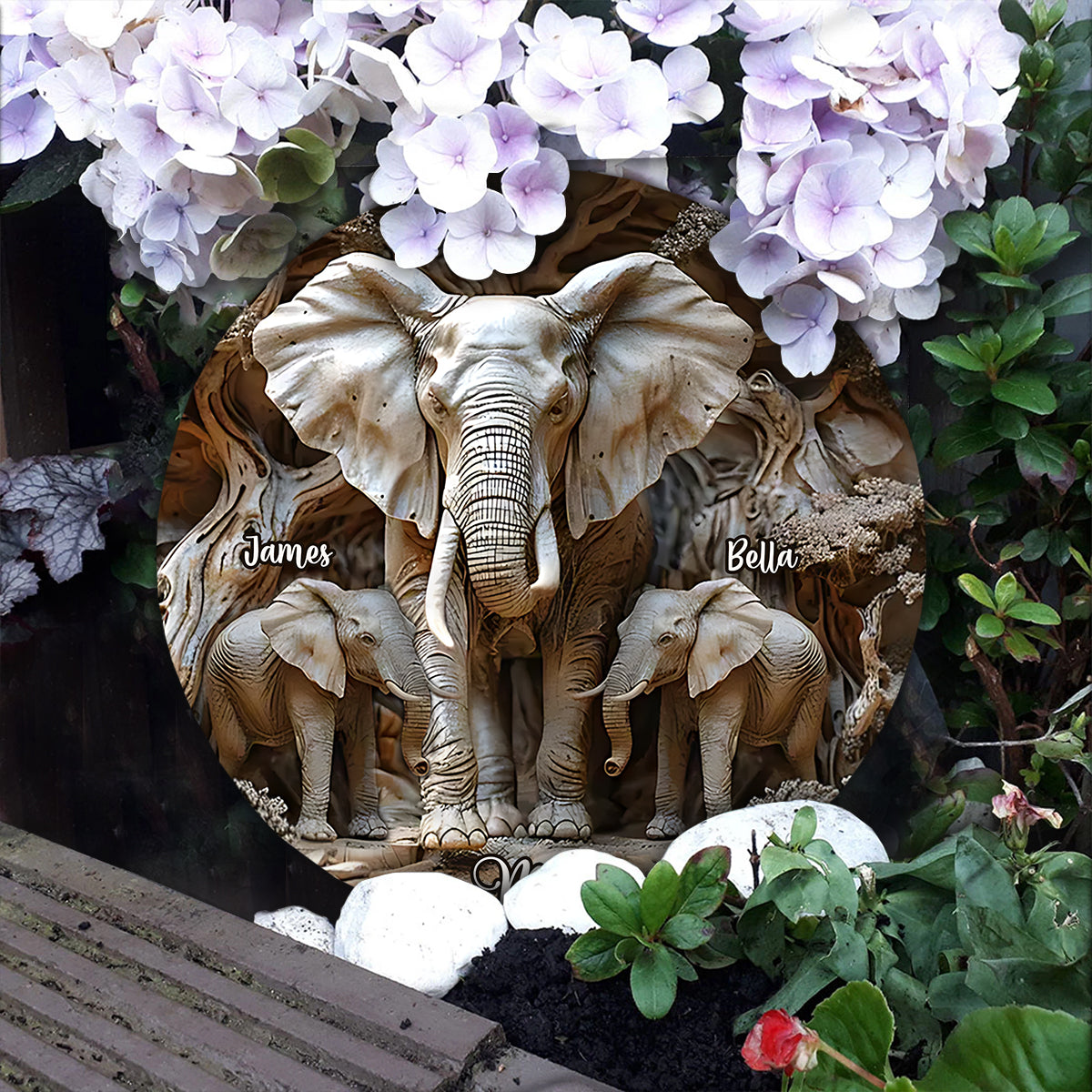 Geschenk für Mama & Kinder – Personalisierter Elefanten-Stein in runder Form