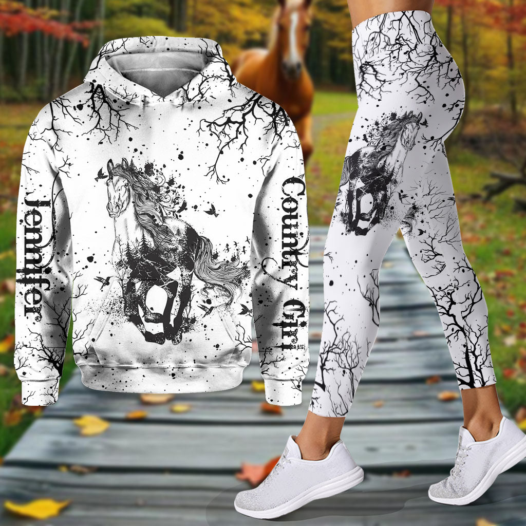 Wunderschönes Pferd Schwarz-Weiß – Personalisierter Pferde-Hoodie und Leggings
