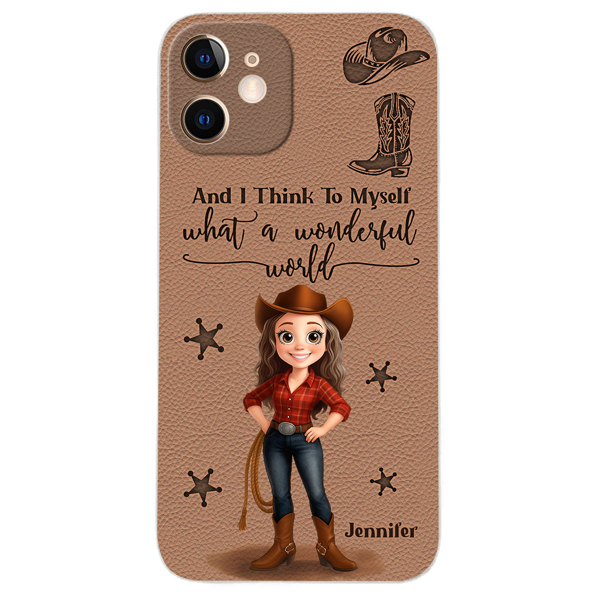 Cowgirl What A Wonderful World - Personalisierte Cowgirl-Handyhülle aus Leder