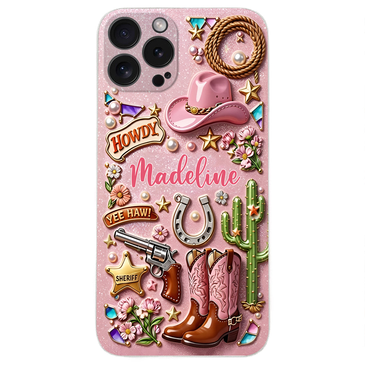 Cowgirl Gift, Whimsical Wild West Western - Personalized Cowgirl 3D Embossed Leather Phone Case