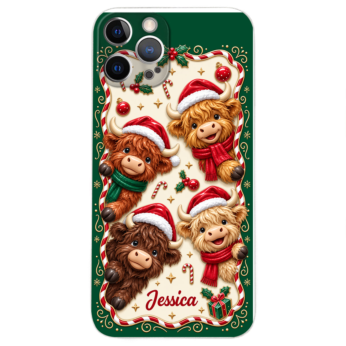Merry Christmas Cute Highland Cows - Personalized Highland Cow 3D Embossed Leather Phone Case
