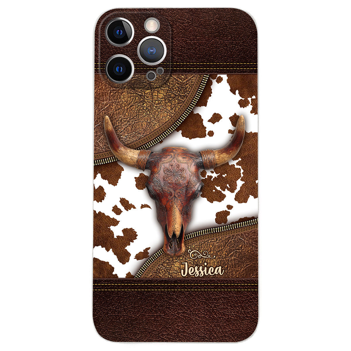 Skeleton Bull Skull - Personalized Western Leather Phone Case
