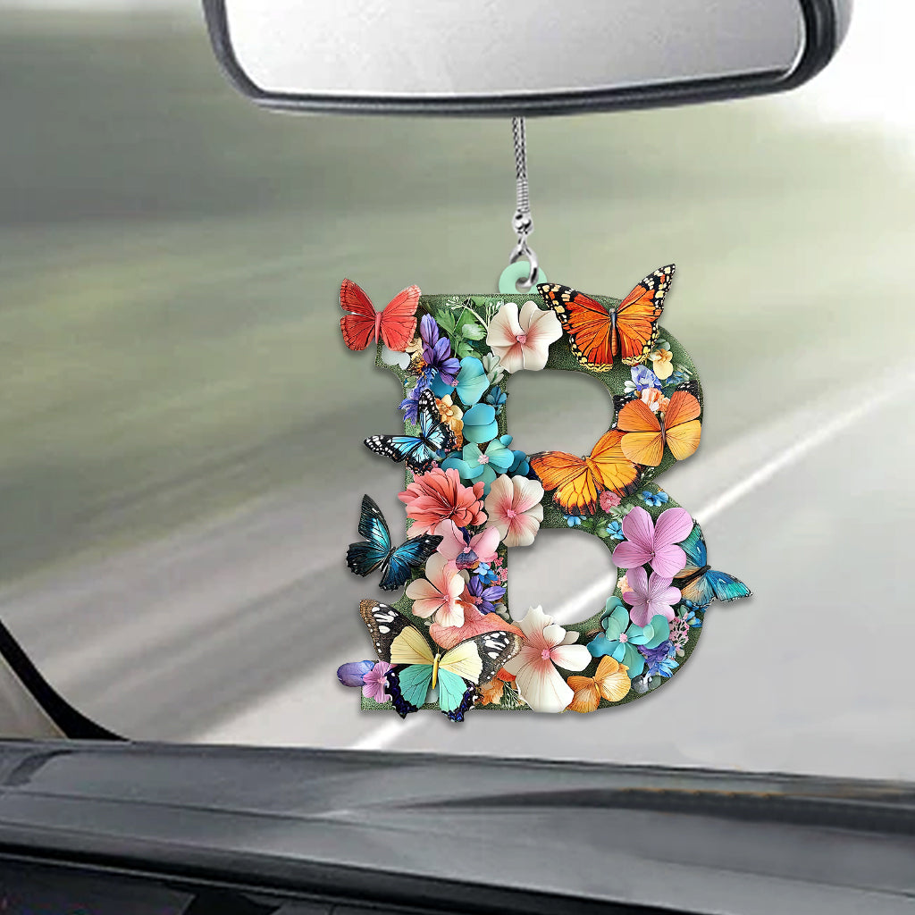 Flowers And Butterflies Letter - Personalized Butterfly Car Ornament