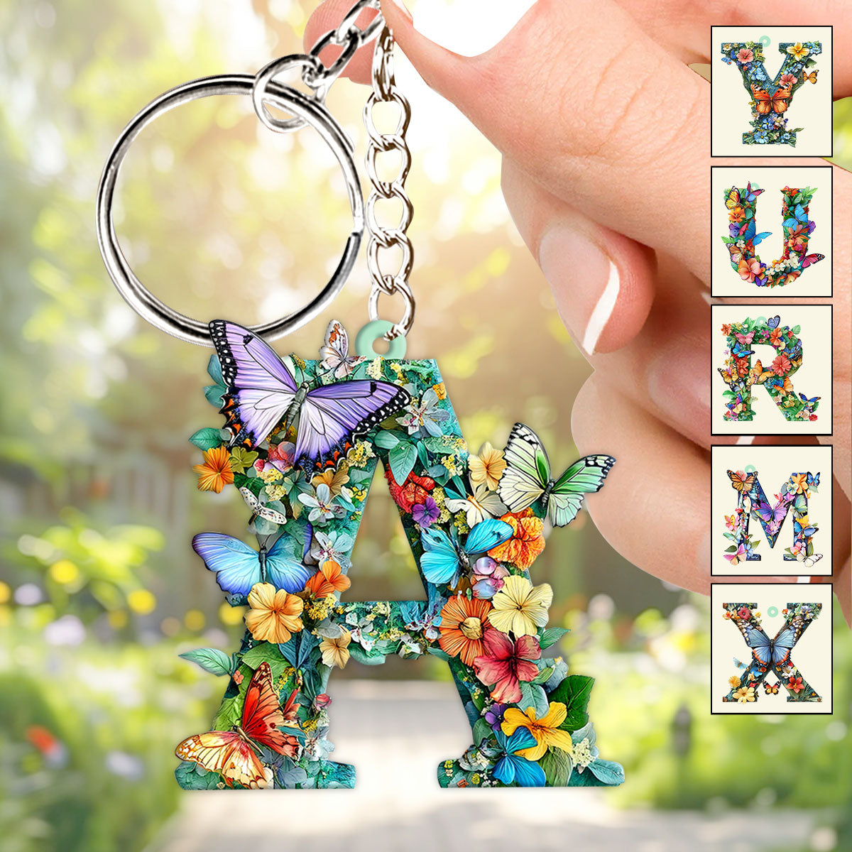 Flowers And Butterflies Letter - Personalized Butterfly Keychain