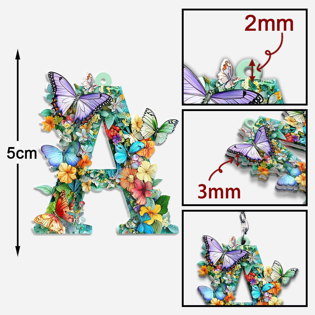 Flowers And Butterflies Letter - Personalized Butterfly Keychain