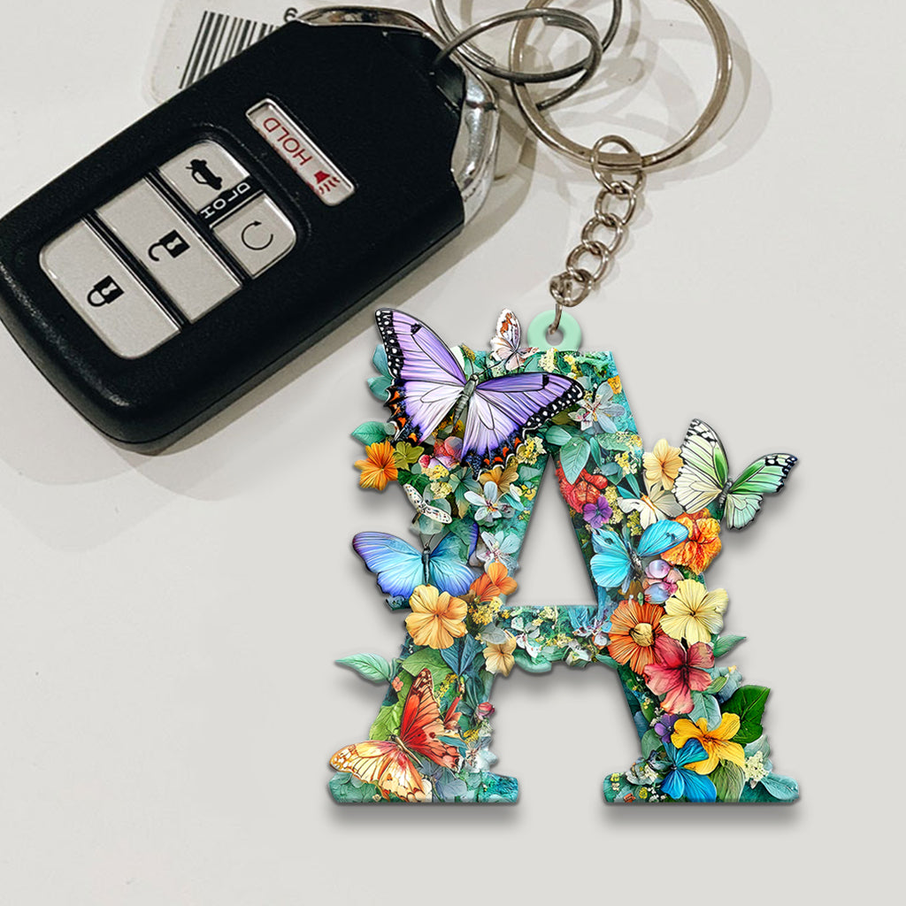Flowers And Butterflies Letter - Personalized Butterfly Keychain