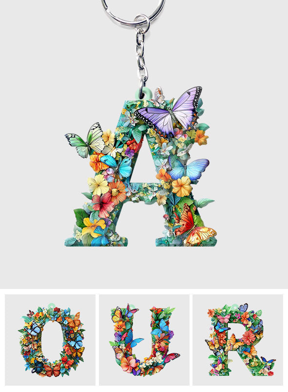 Flowers And Butterflies Letter - Personalized Butterfly Keychain