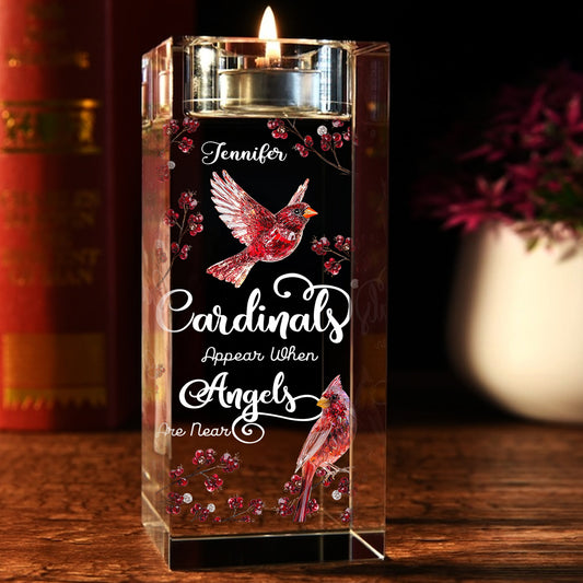 Cardinals Appear When Angels Are Near - Personalized Memorial Glass Candle Holder