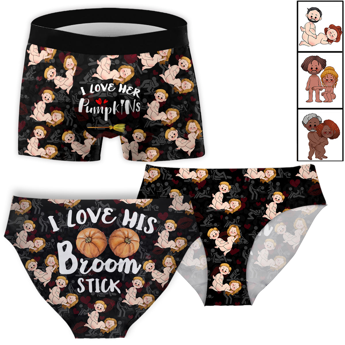 Ich liebe seinen Besen, ich liebe ihre Kürbisse – Personalisierte Partner-Slips für Damen und Herren