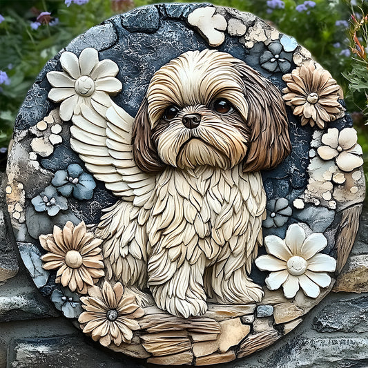 Für immer in unserem Herzen – personalisierter runder Stein in Hundeform